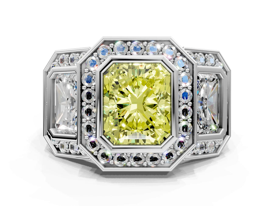 White gold Three-Stone Fancy Yellow Radiant Cut Halo Pavé Diamond Ring