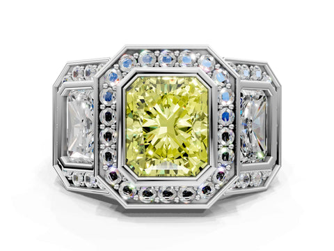 White gold Three-Stone Fancy Yellow Radiant Cut Halo Pavé Diamond Ring