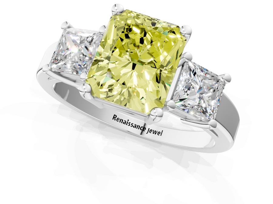 White gold Three-Stone Fancy Yellow Radiant  Cut Solitaire Ring with Prong Setting