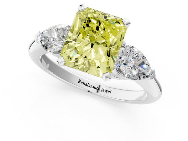 White gold Three-Stone Fancy Yellow Radiant Cut Diamond Ring with Pear Side Stones and Four-Prong Setting