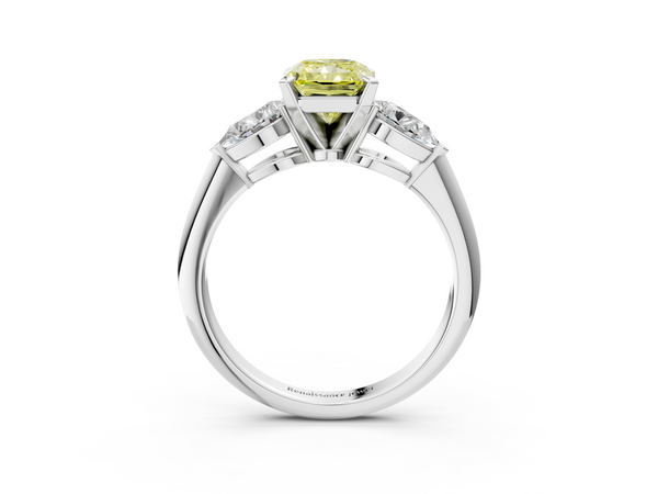 White gold Three-Stone Fancy Yellow Radiant Cut Diamond Ring with Pear Side Stones and Four-Prong Setting