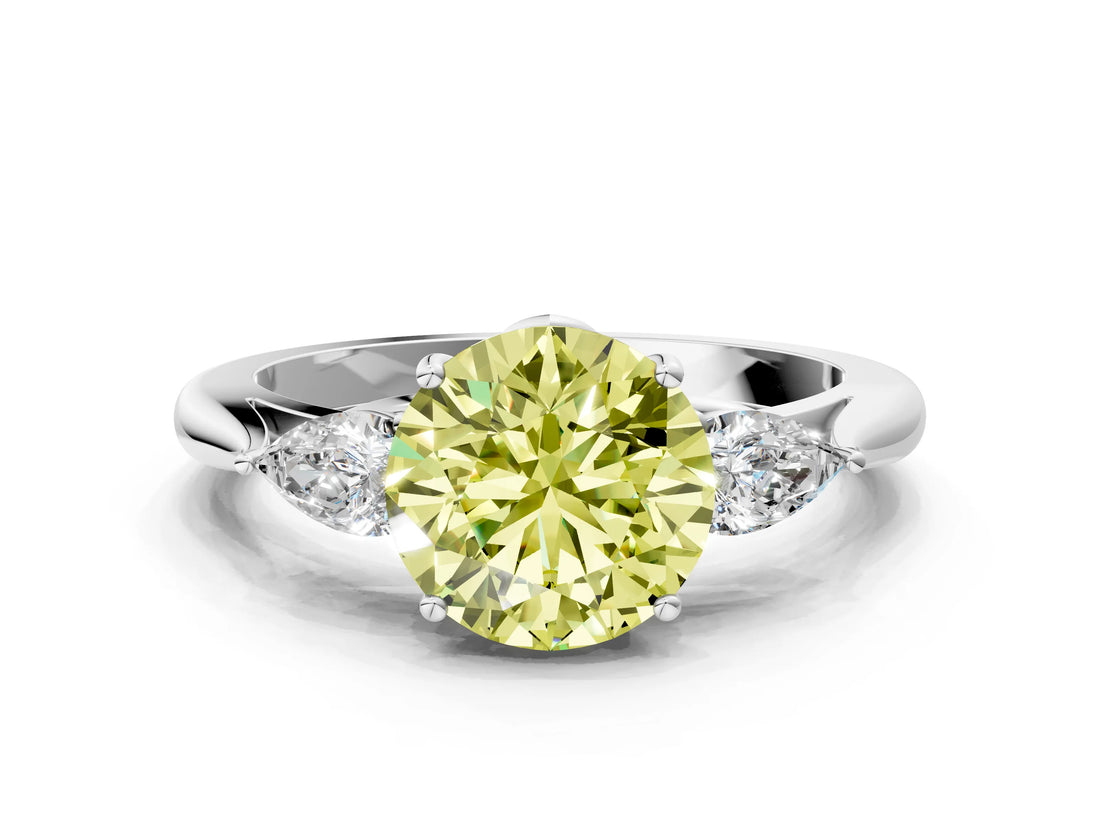 White gold Three-Stone Fancy Yellow Round Cut Brilliant Diamond Solitaire Ring with Tapered Band and Four-Prong Setting_31
