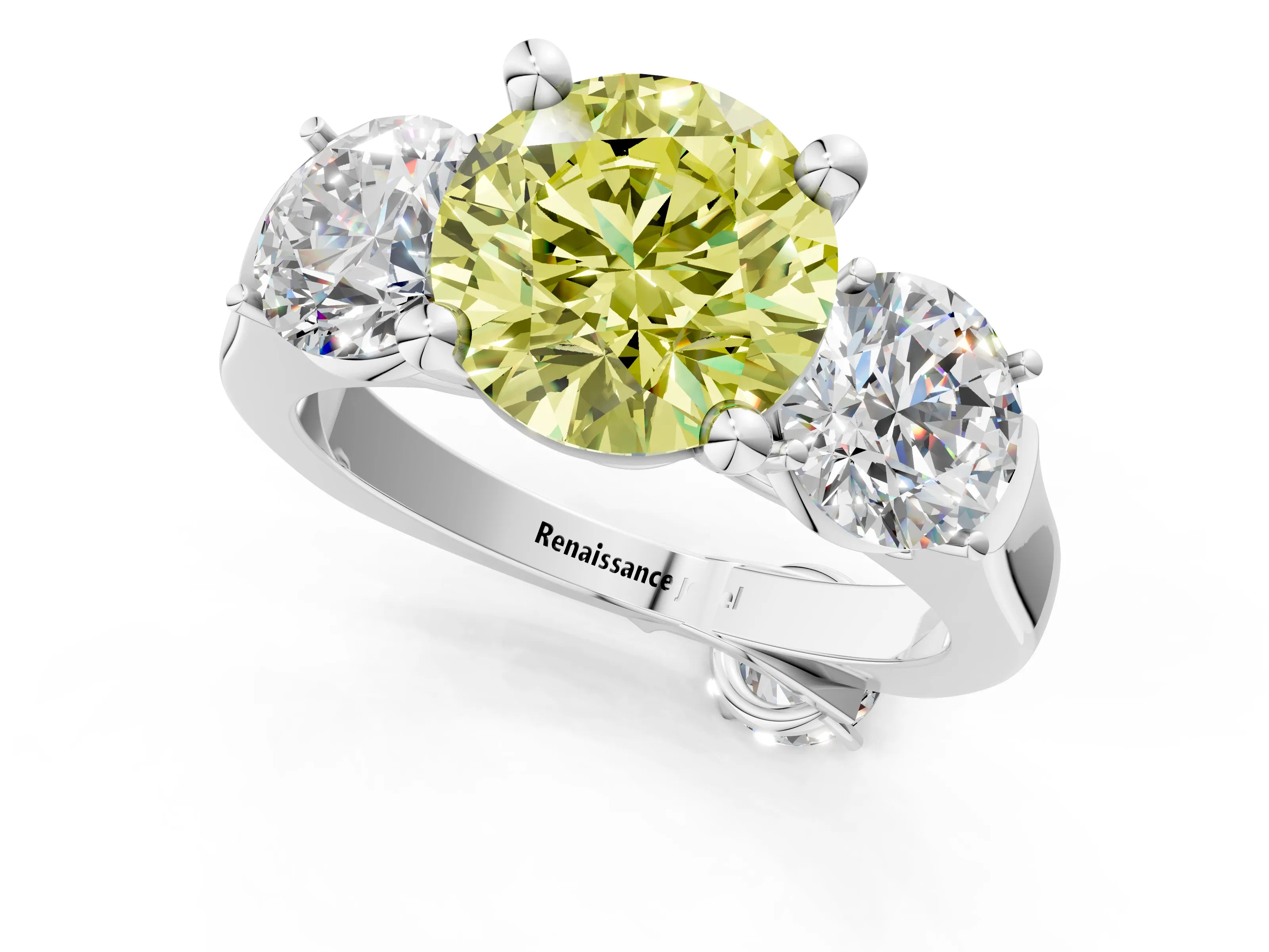 White gold Three-Stone Fancy Yellow Round Cut Brilliant Diamond Trellis Ring with Comfort Fit Band_13
