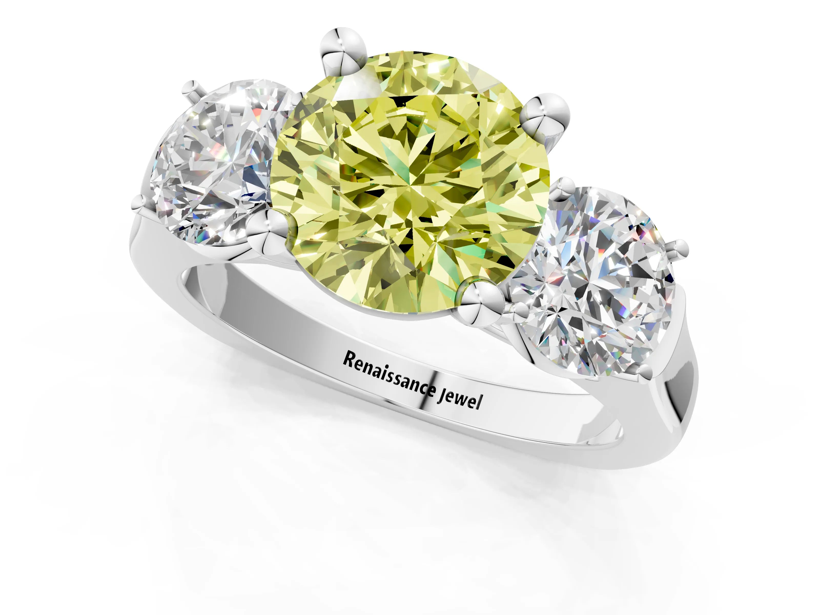 White gold Three-Stone Fancy Yellow Round Cut Brilliant Diamond Trellis Ring with Comfort Fit Band_13