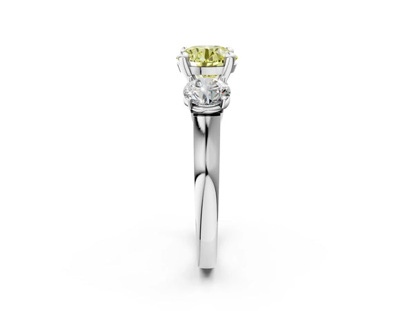 White gold Three-Stone Fancy Yellow Round Cut Brilliant Diamond Trellis Ring with Comfort Fit Band