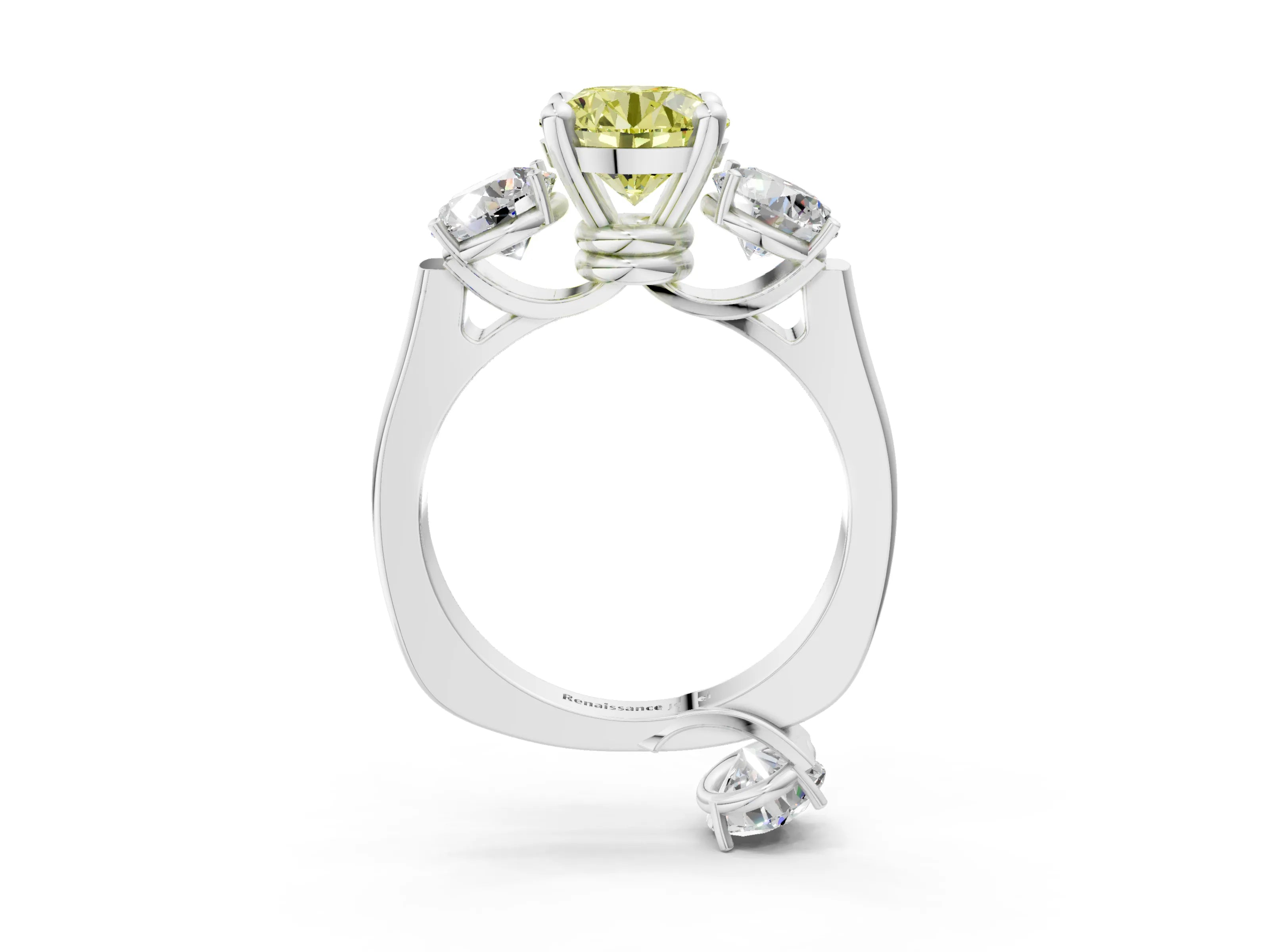White gold Three-Stone Fancy Yellow Round Cut Brilliant Diamond Trellis Ring with Comfort Fit Band_15