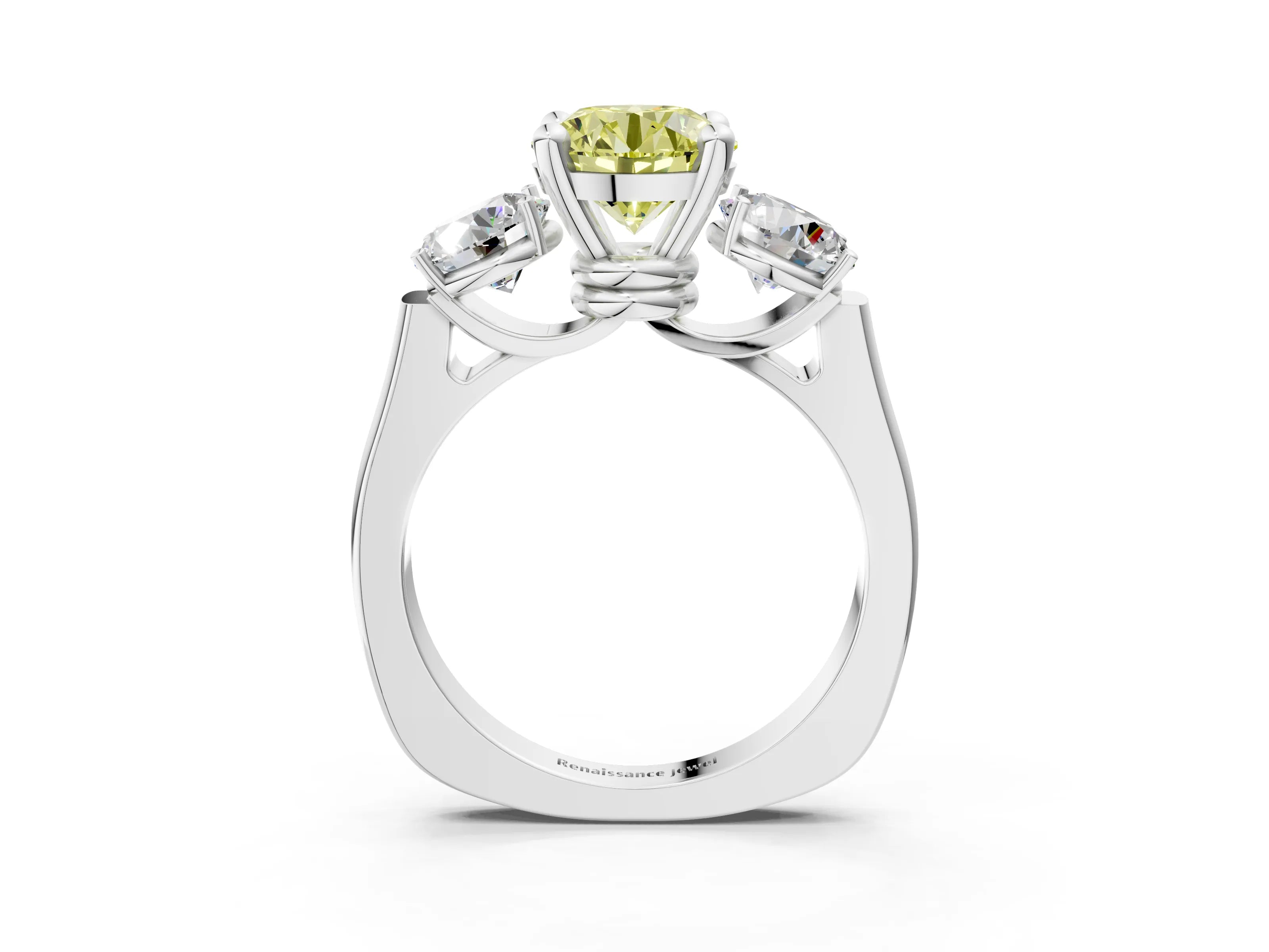 White gold Three-Stone Fancy Yellow Round Cut Brilliant Diamond Trellis Ring with Comfort Fit Band_15
