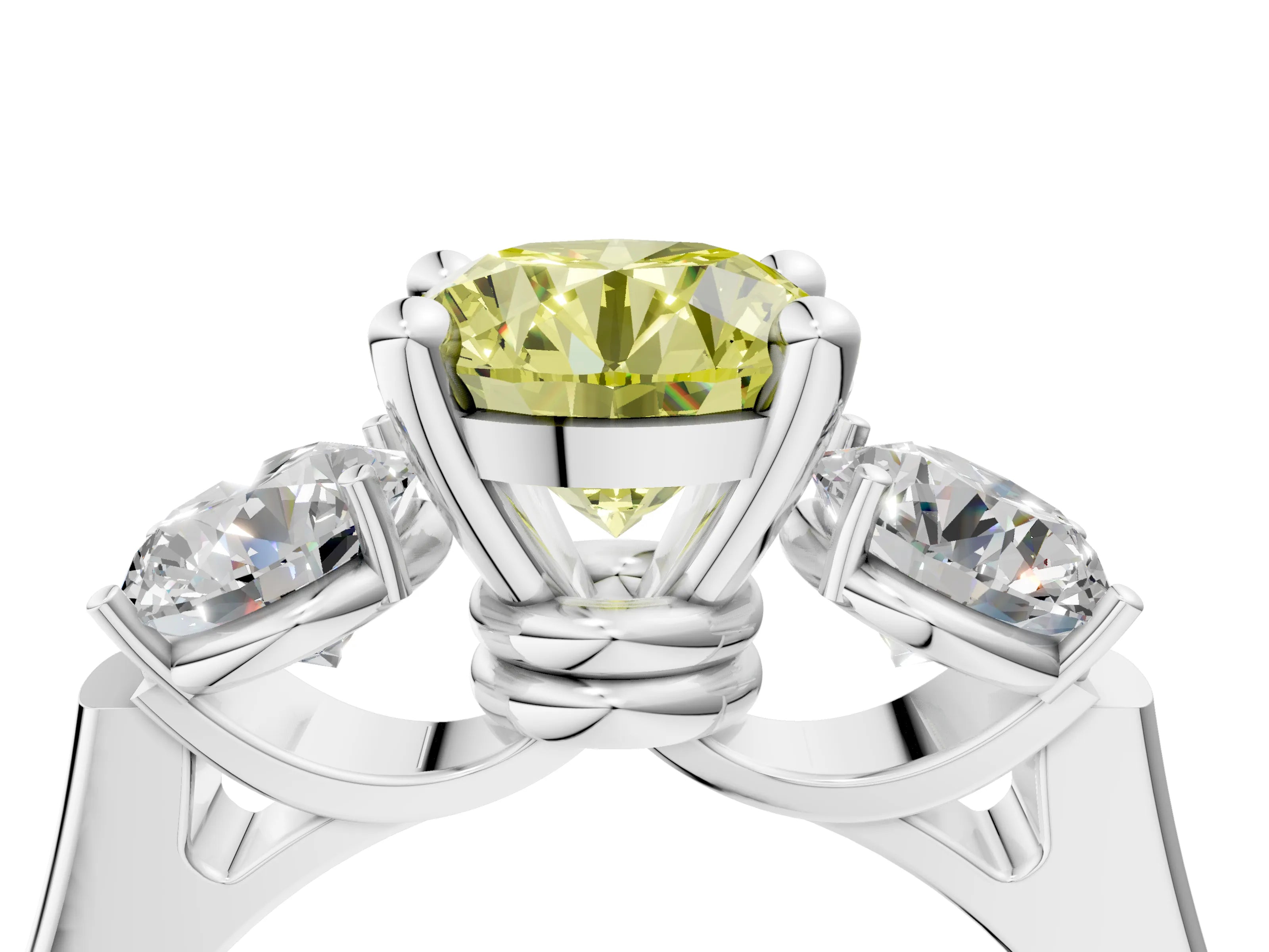 White gold Three-Stone Fancy Yellow Round Cut Brilliant Diamond Trellis Ring with Comfort Fit Band_16