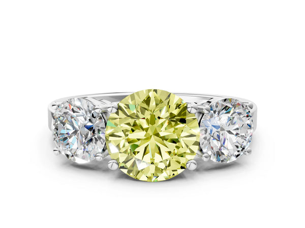 Platinum Three-Stone Fancy Yellow Round Cut Cut Diamond Engagement Ring with Flat Band and Four-Prong Setting