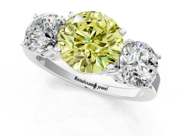 Platinum Three-Stone Fancy Yellow Round Cut Cut Diamond Engagement Ring with Flat Band and Four-Prong Setting
