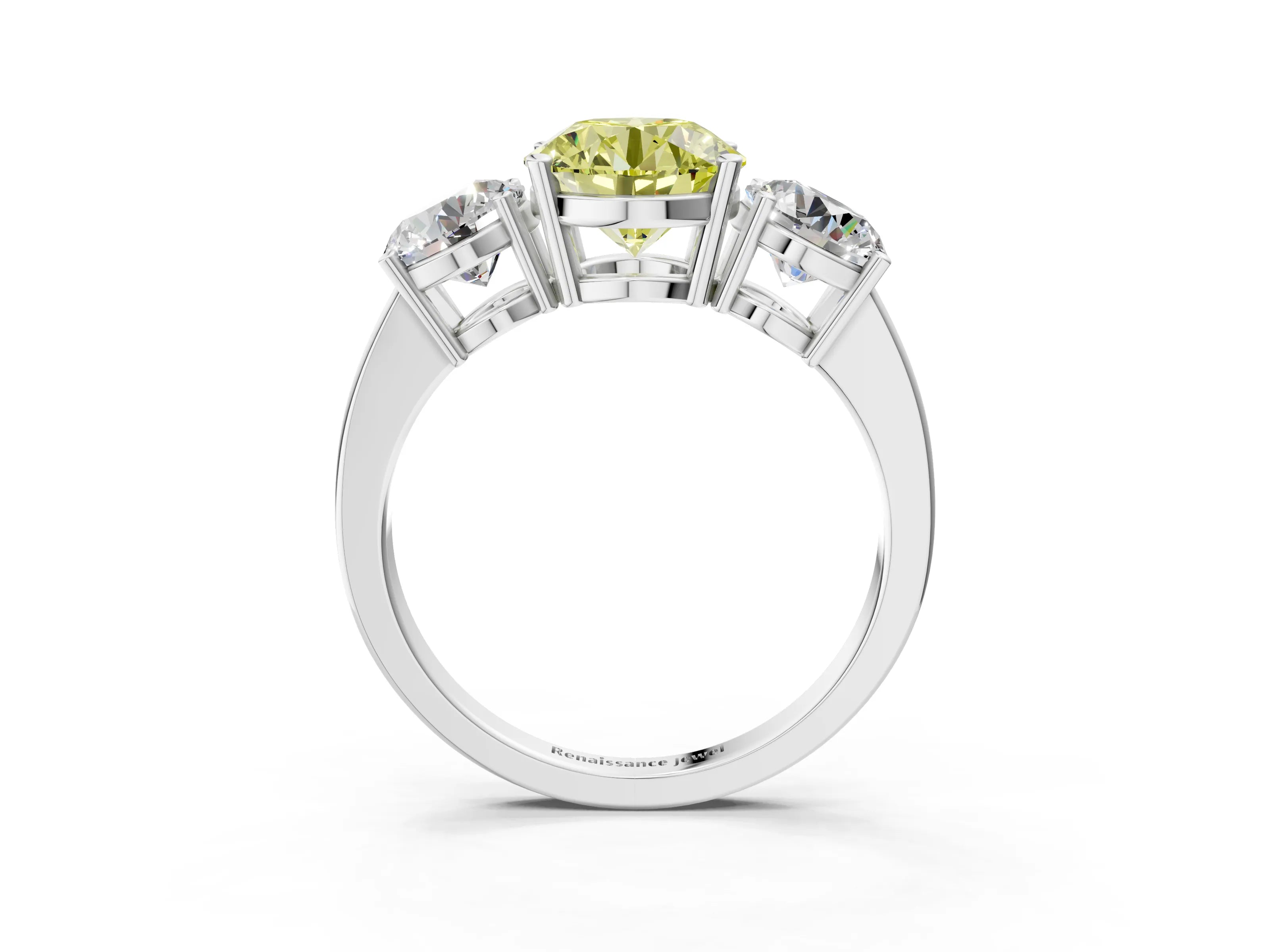White gold Three-Stone Fancy Yellow Round Cut Cut Diamond Engagement Ring with Flat Band and Four-Prong Setting_15