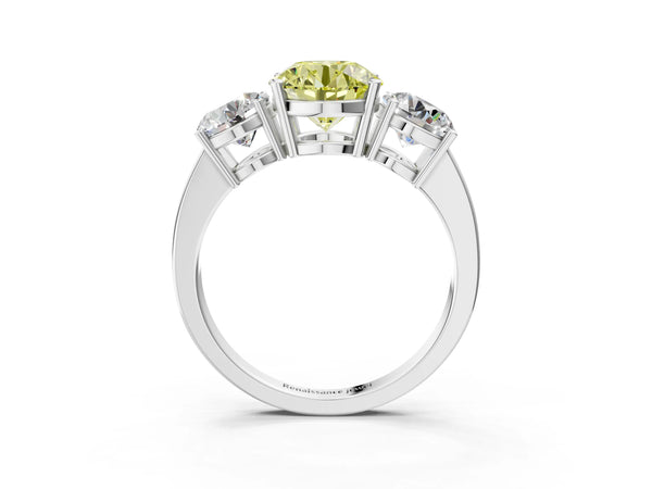 Platinum Three-Stone Fancy Yellow Round Cut Cut Diamond Engagement Ring with Flat Band and Four-Prong Setting