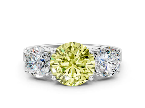 White gold Three-Stone Fancy Yellow Round Cut Cut Diamond Engagement Ring with Flat Band and Four-Prong Setting