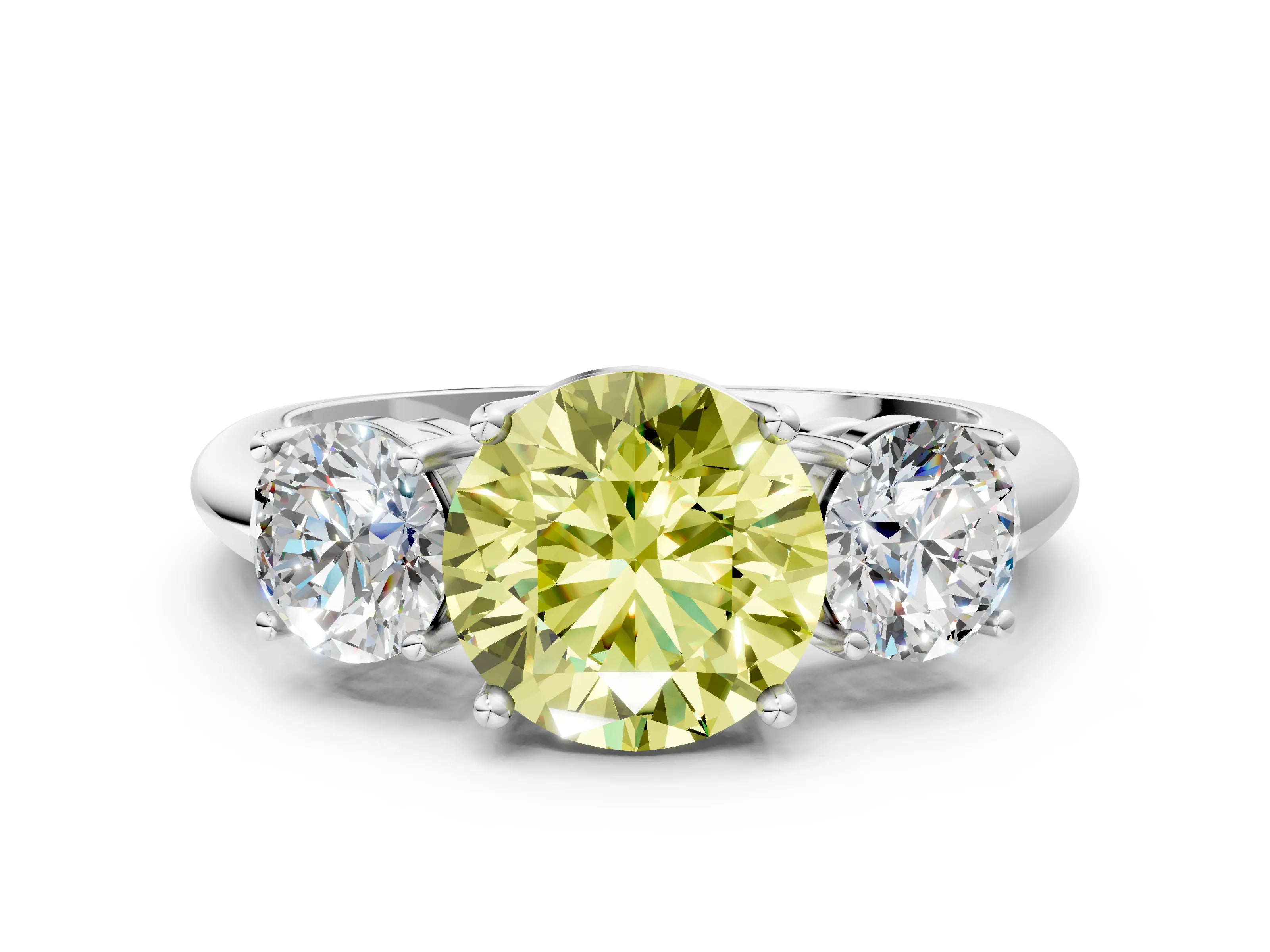 White gold Three-Stone Fancy Yellow Round Cut Cut Diamond Engagement Ring with Prong Setting on a White Gold Band_12