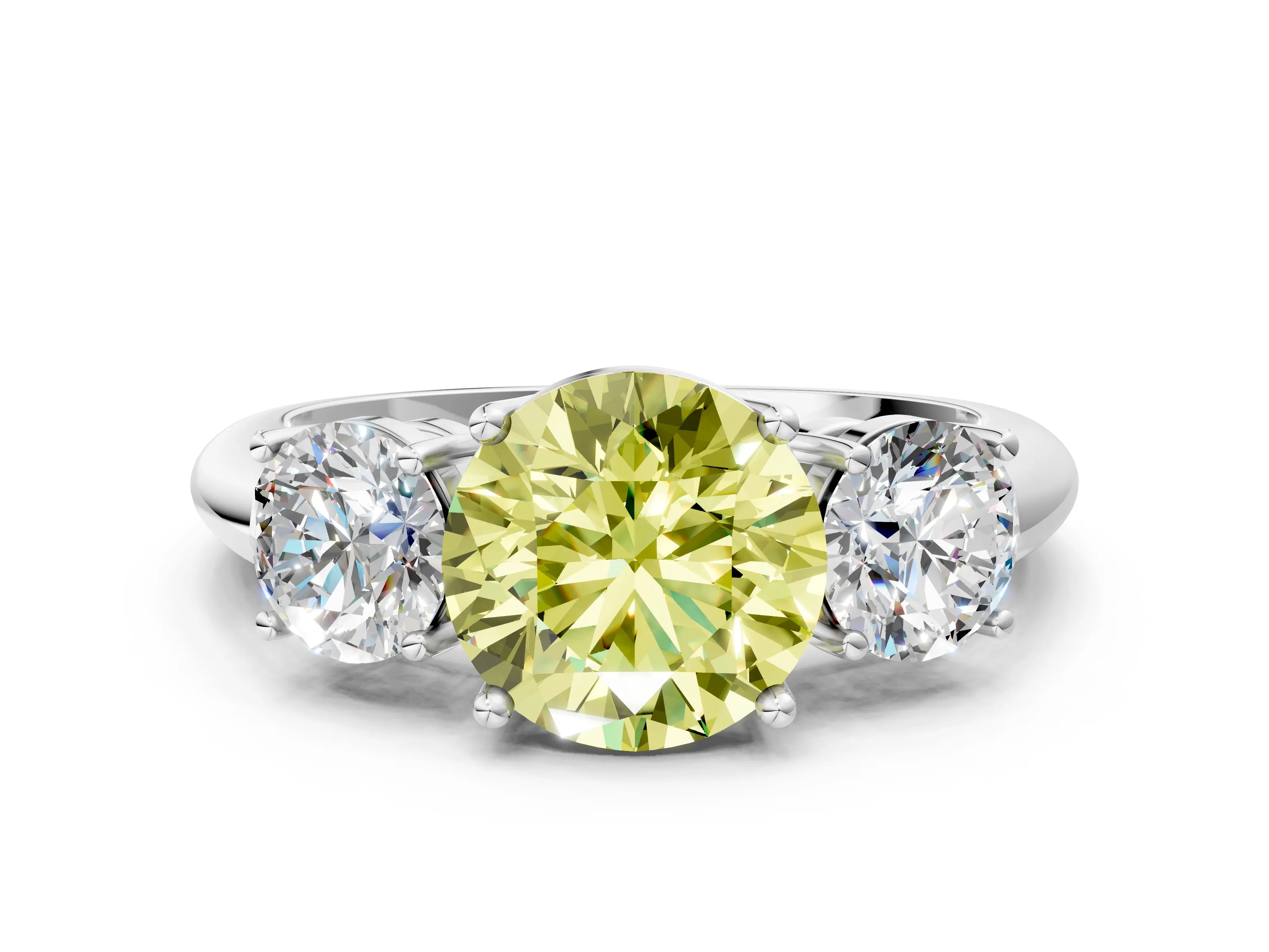 White gold Three-Stone Fancy Yellow Round Cut Cut Diamond Engagement Ring with Prong Setting on a White Gold Band_12