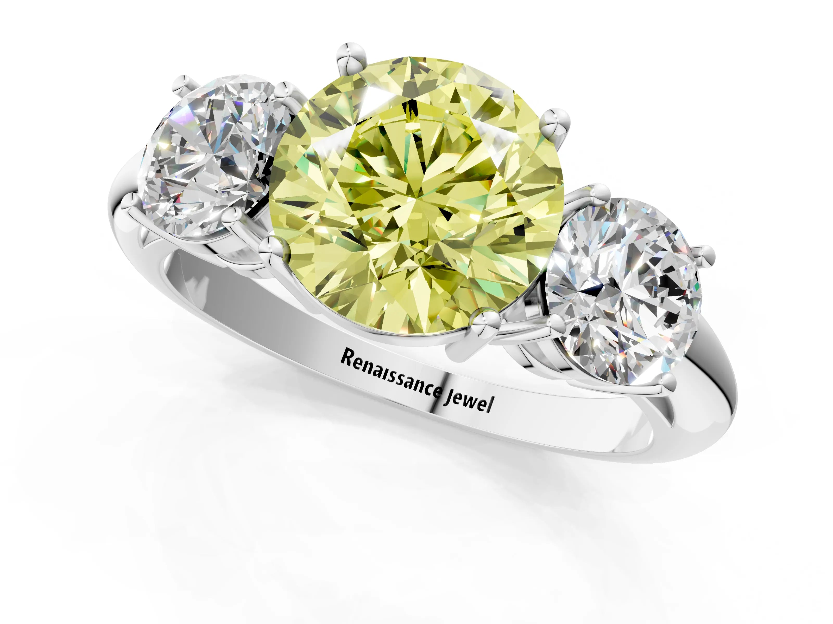 White gold Three-Stone Fancy Yellow Round Cut Cut Diamond Engagement Ring with Prong Setting on a White Gold Band_13