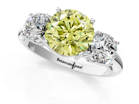 White gold Three-Stone Fancy Yellow Round Cut Cut Diamond Engagement Ring with Prong Setting on a White Gold Band_13