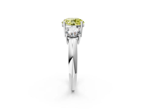 White gold Three-Stone Fancy Yellow Round Cut Cut Diamond Engagement Ring with Prong Setting on a White Gold Band_14