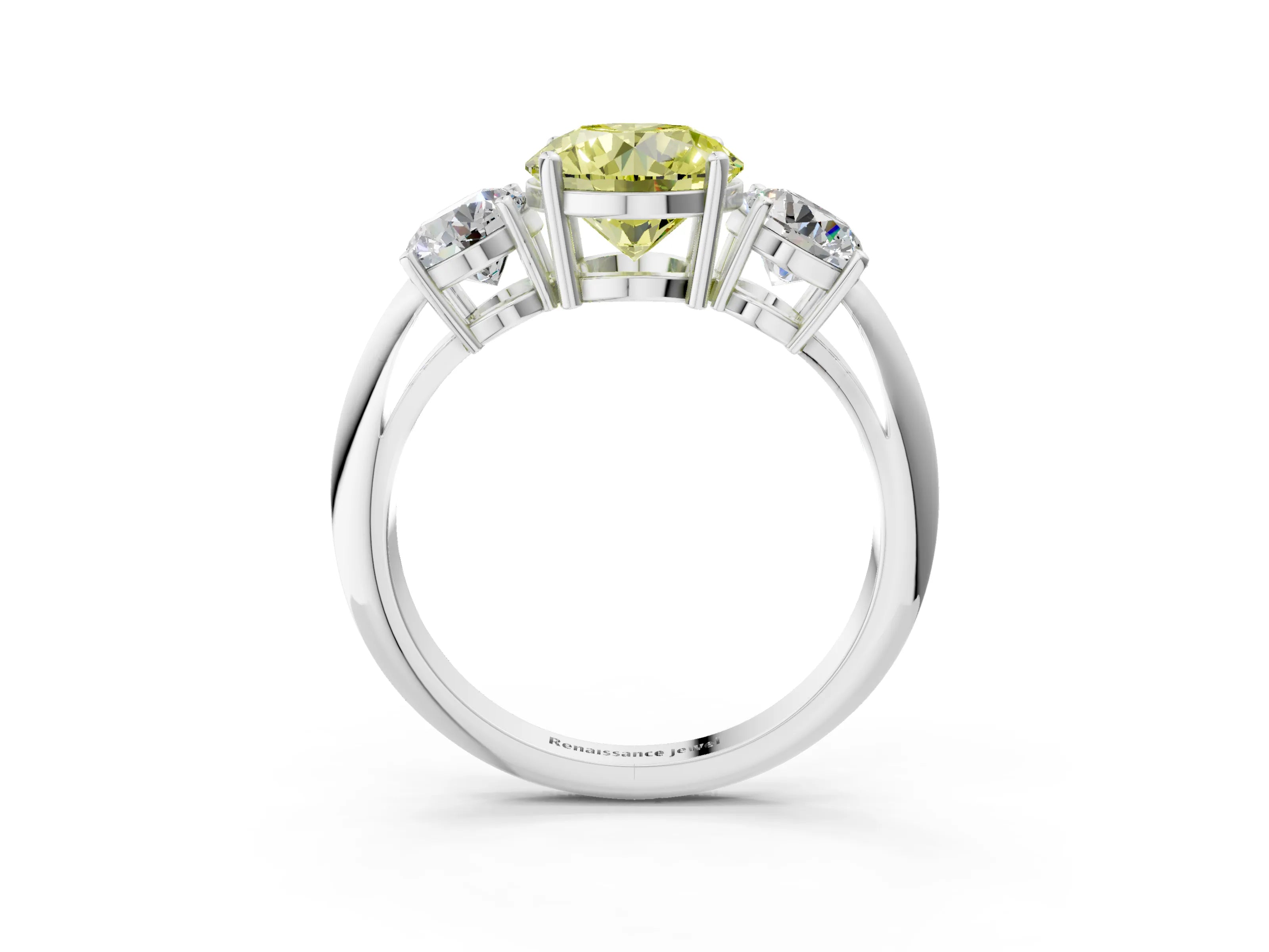 White gold Three-Stone Fancy Yellow Round Cut Cut Diamond Engagement Ring with Prong Setting on a White Gold Band_15