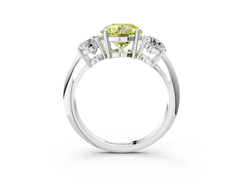 White gold Three-Stone Fancy Yellow Round Cut Cut Diamond Engagement Ring with Prong Setting on a White Gold Band_15