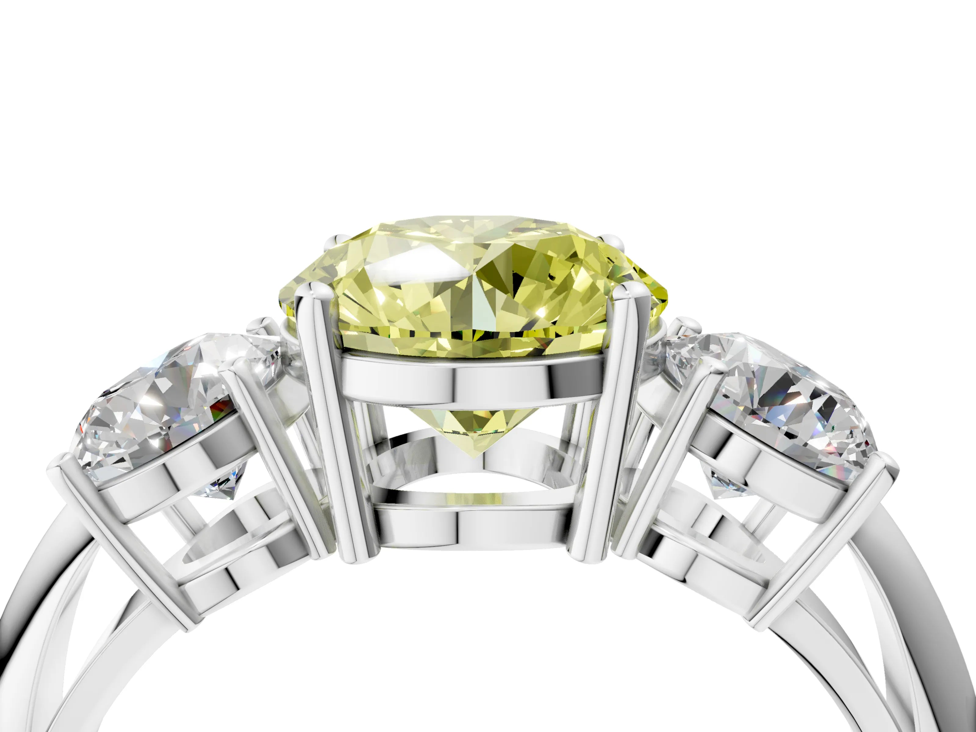 White gold Three-Stone Fancy Yellow Round Cut Cut Diamond Engagement Ring with Prong Setting on a White Gold Band_16