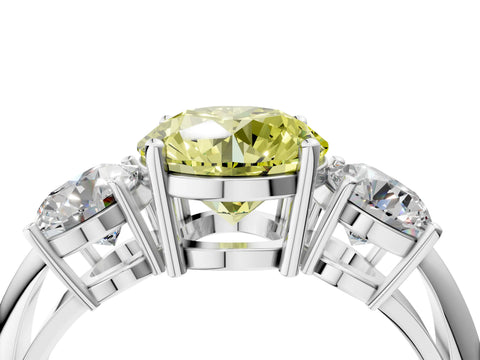 White gold Three-Stone Fancy Yellow Round Cut Cut Diamond Engagement Ring with Prong Setting on a White Gold Band_16