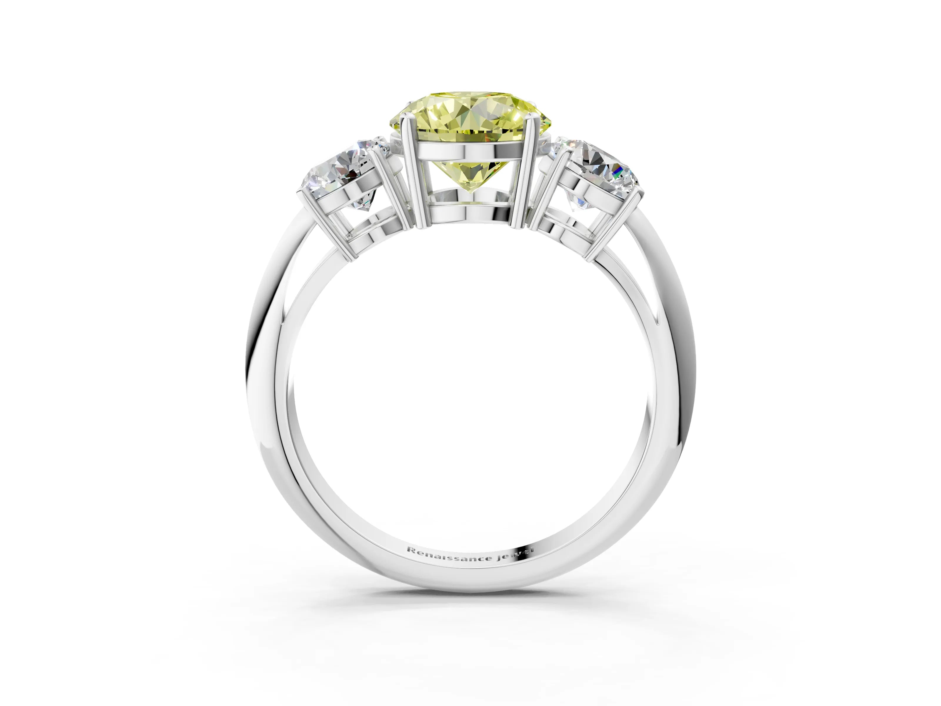 White gold Three-Stone Fancy Yellow Round Cut Cut Diamond Engagement Ring with Prong Setting on a White Gold Band_27