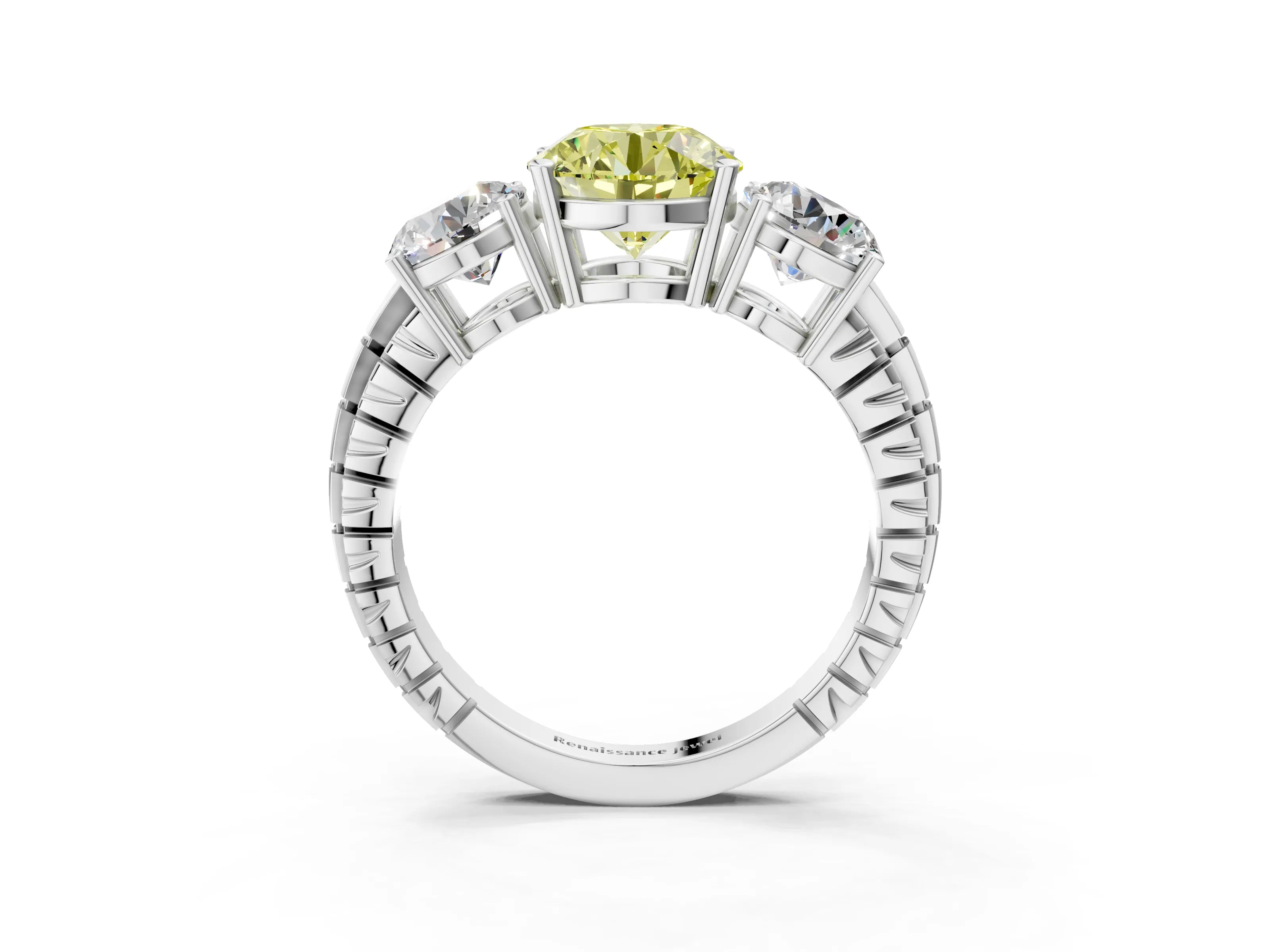 White gold Three-Stone Fancy Yellow Round Cut Cut Diamond Ring with Channel-Set Band and Prong Setting_3