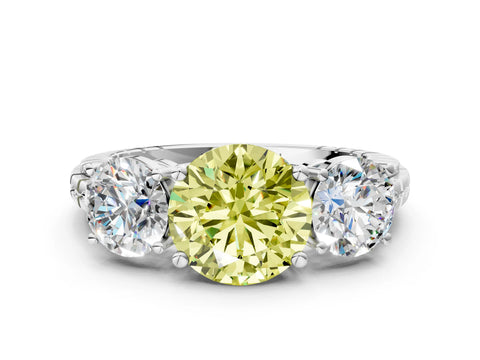 White gold Three-Stone Fancy Yellow Round Cut Cut Diamond Ring with Channel-Set Band and Prong Setting