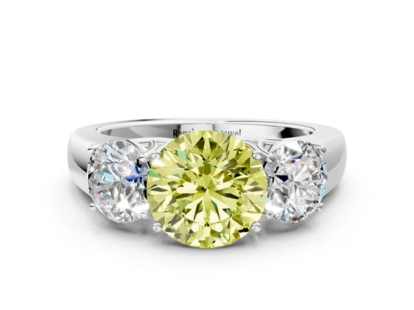 Platinum Three-Stone Fancy Yellow Round Cut Cut Diamond Ring with Prong Setting and Classic Band