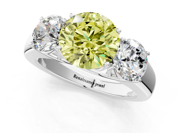 Platinum Three-Stone Fancy Yellow Round Cut Cut Diamond Ring with Prong Setting and Classic Band