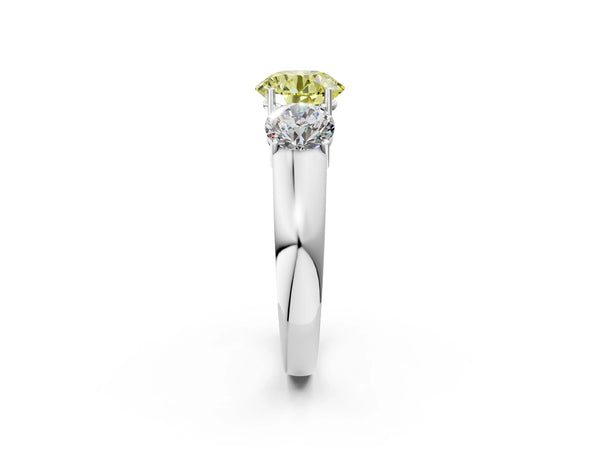 Platinum Three-Stone Fancy Yellow Round Cut Cut Diamond Ring with Prong Setting and Classic Band