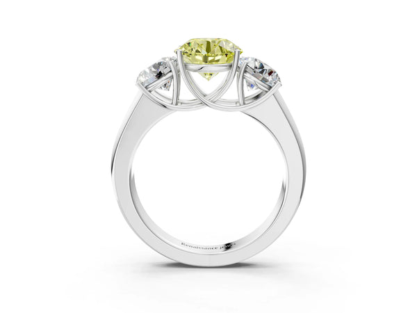 Platinum Three-Stone Fancy Yellow Round Cut Cut Diamond Ring with Prong Setting and Classic Band