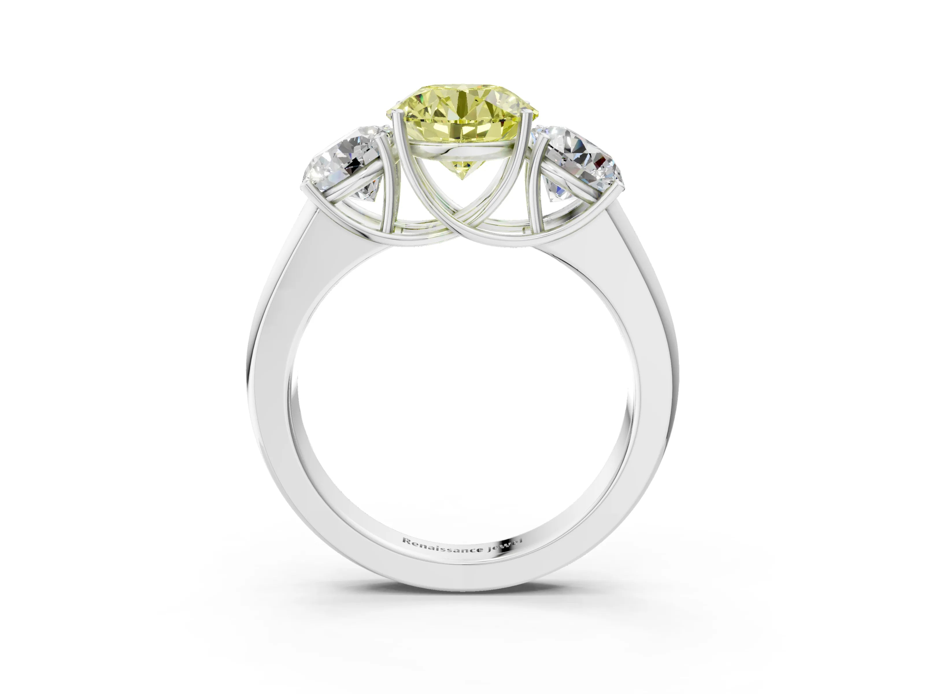 White gold Three-Stone Fancy Yellow Round Cut Cut Diamond Ring with Prong Setting and Classic Band_3