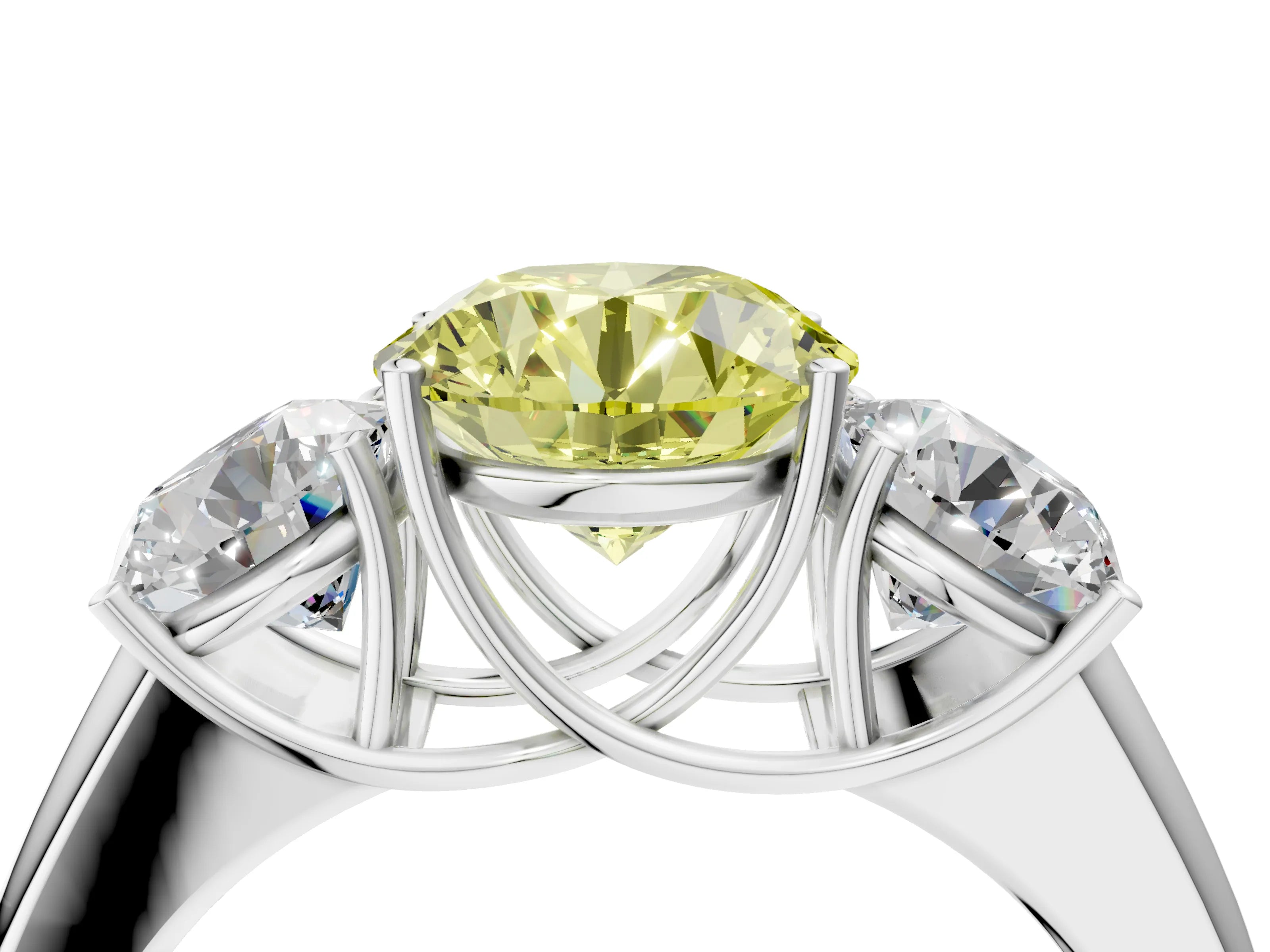 White gold Three-Stone Fancy Yellow Round Cut Cut Diamond Ring with Prong Setting and Classic Band_4