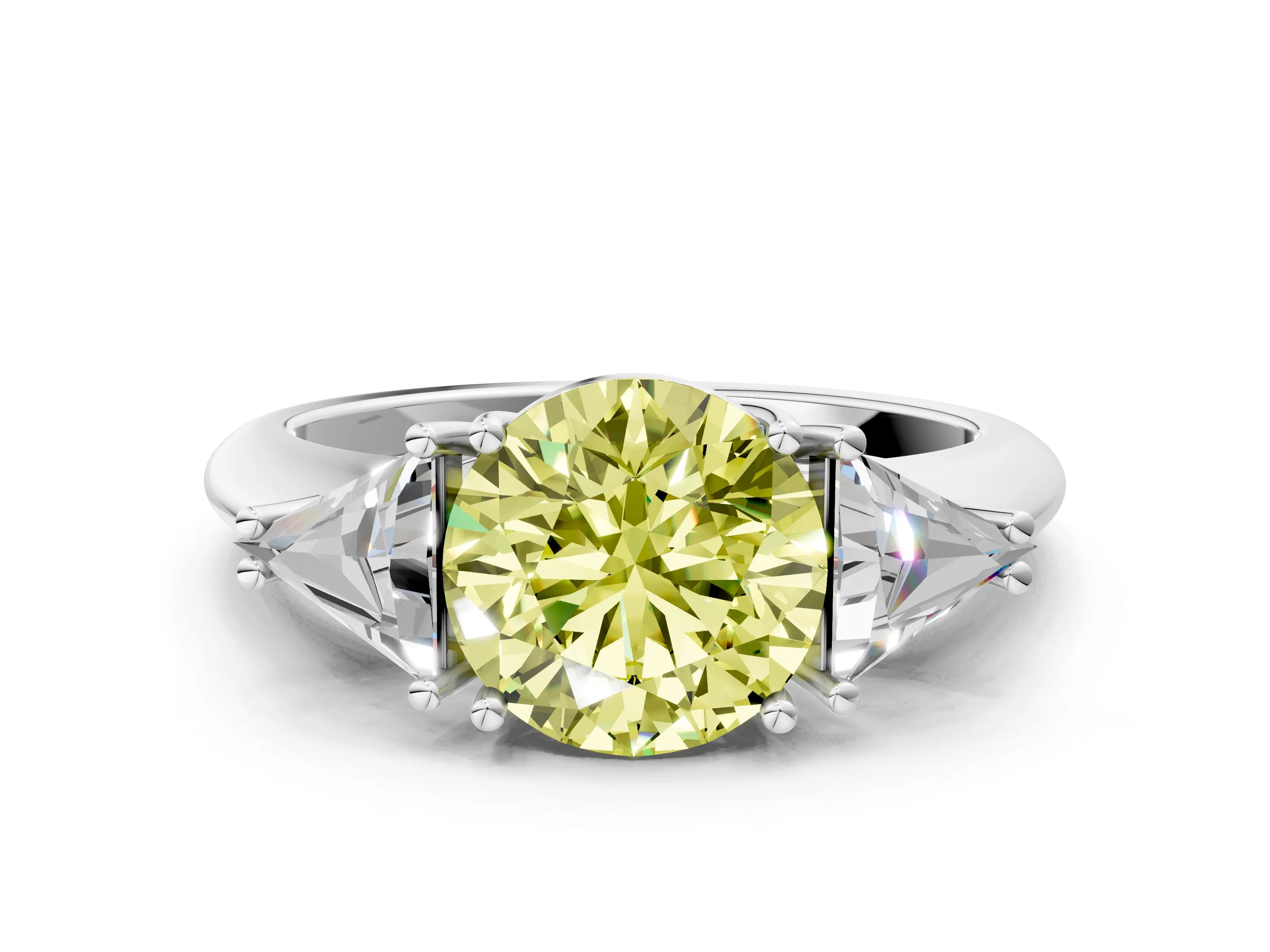 White gold Three-Stone Fancy Yellow Round Cut Cut Diamond Ring with Trillion Side Stones and Four-Prong Setting_11