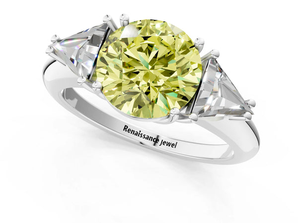White gold Three-Stone Fancy Yellow Round Cut Cut Diamond Ring with Trillion Side Stones and Four-Prong Setting