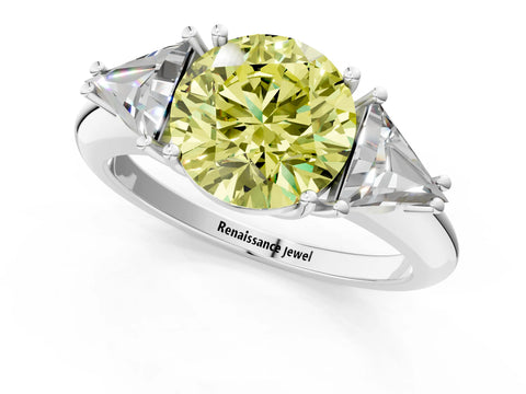 White gold Three-Stone Fancy Yellow Round Cut Cut Diamond Ring with Trillion Side Stones and Four-Prong Setting_12