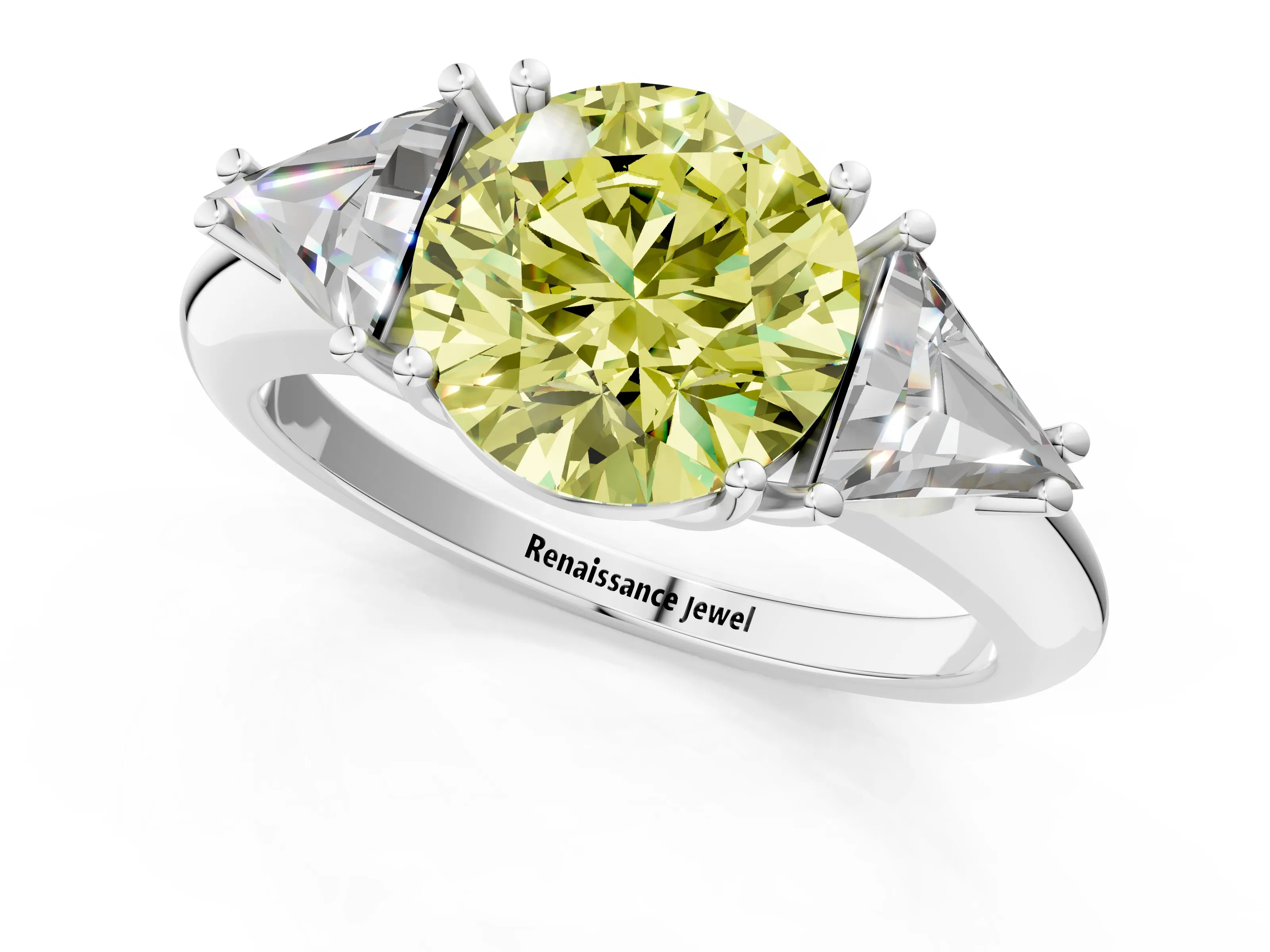 White gold Three-Stone Fancy Yellow Round Cut Cut Diamond Ring with Trillion Side Stones and Four-Prong Setting_12