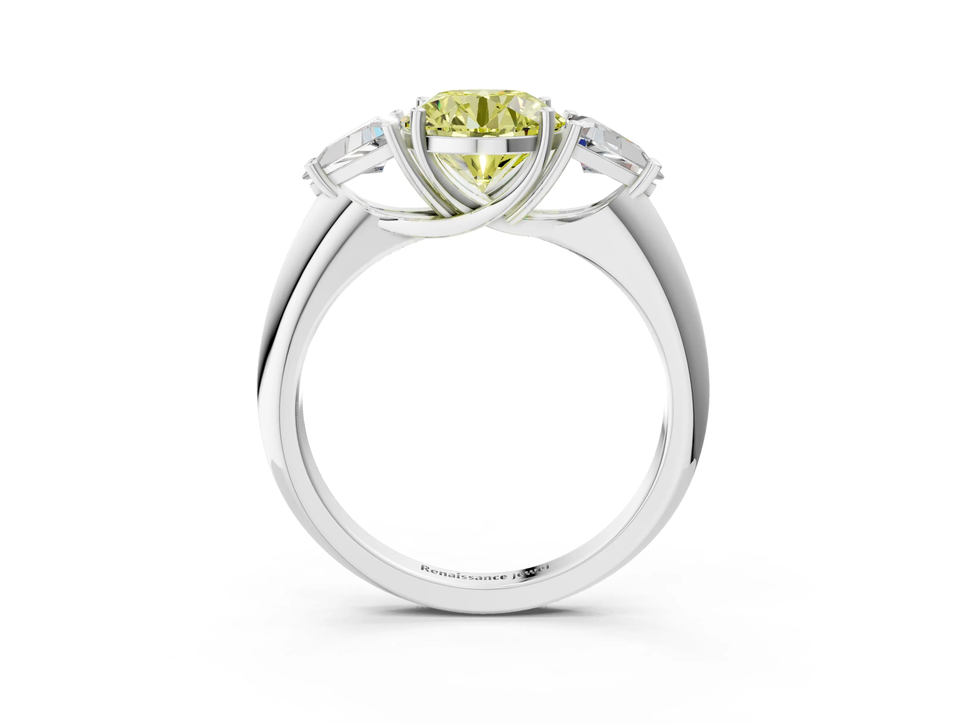 White gold Three-Stone Fancy Yellow Round Cut Cut Diamond Ring with Trillion Side Stones and Four-Prong Setting_14