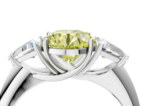 White gold Three-Stone Fancy Yellow Round Cut Cut Diamond Ring with Trillion Side Stones and Four-Prong Setting_15