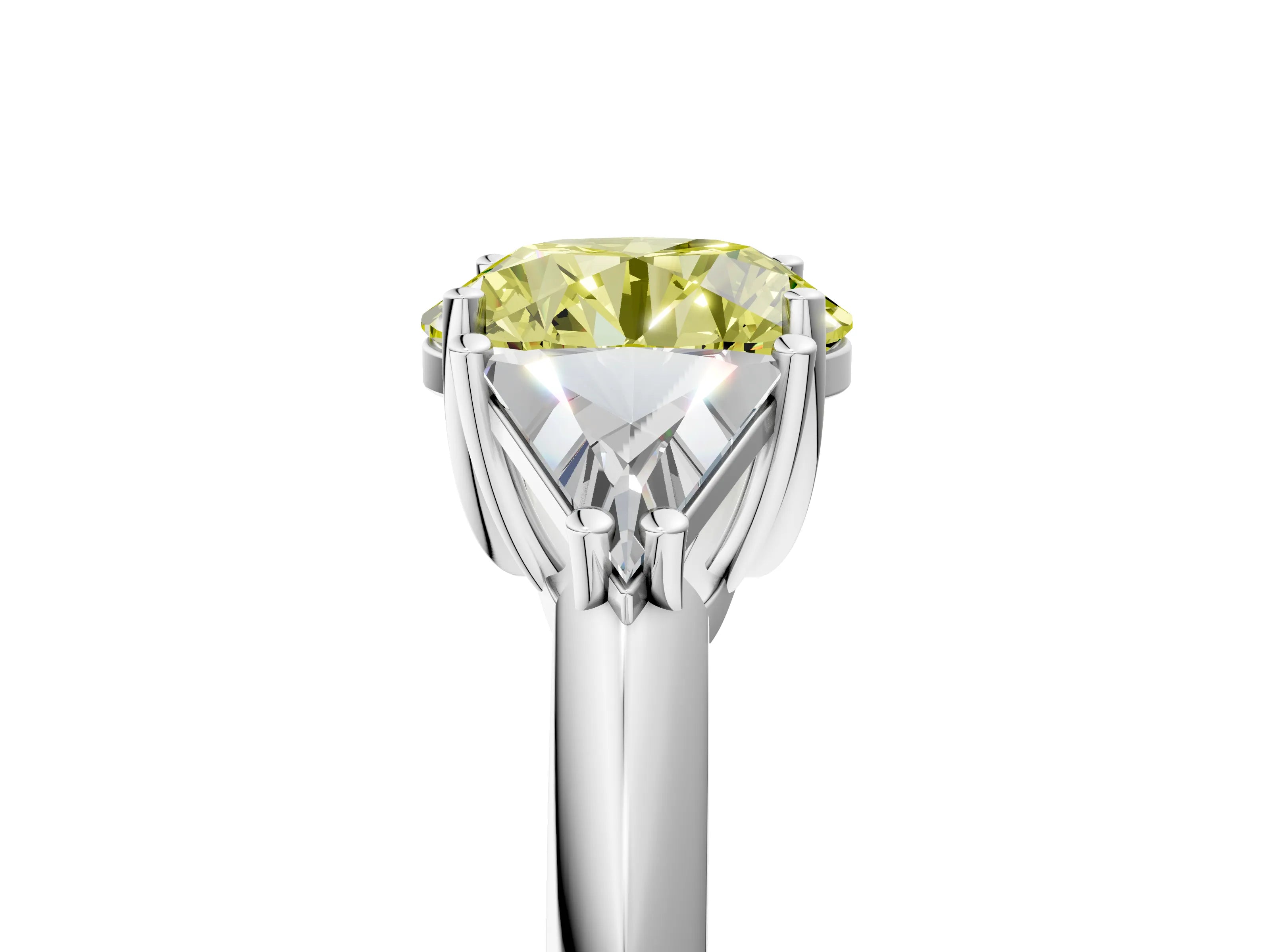 White gold Three-Stone Fancy Yellow Round Cut Cut Diamond Ring with Trillion Side Stones and Four-Prong Setting_16