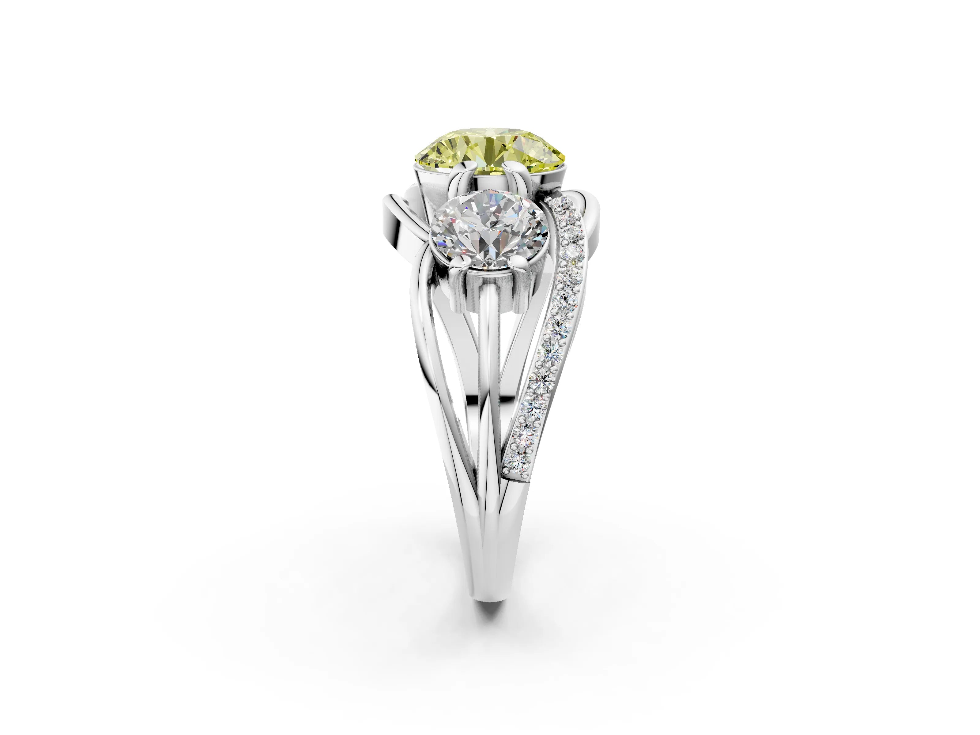 White gold Three-Stone Fancy Yellow Round Cut Cut Diamond Split Shank Prong Set Ring_14