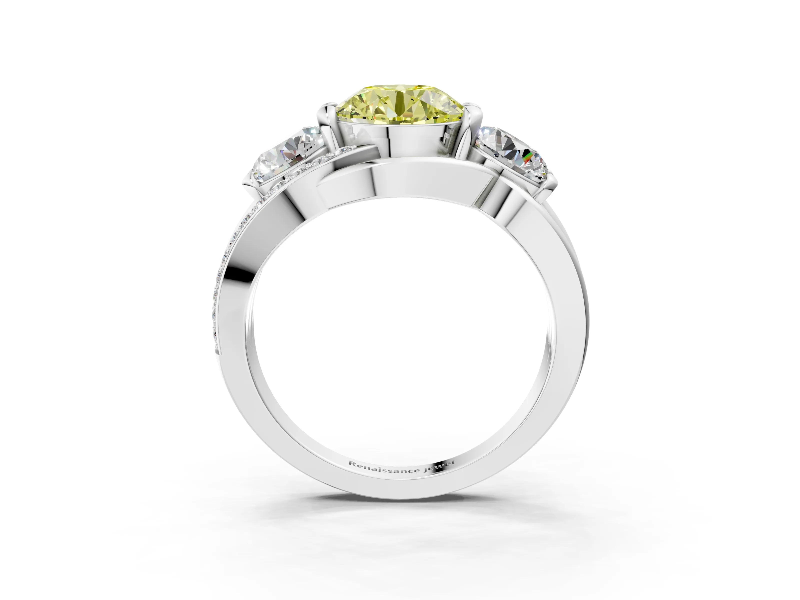 White gold Three-Stone Fancy Yellow Round Cut Cut Diamond Split Shank Prong Set Ring_15