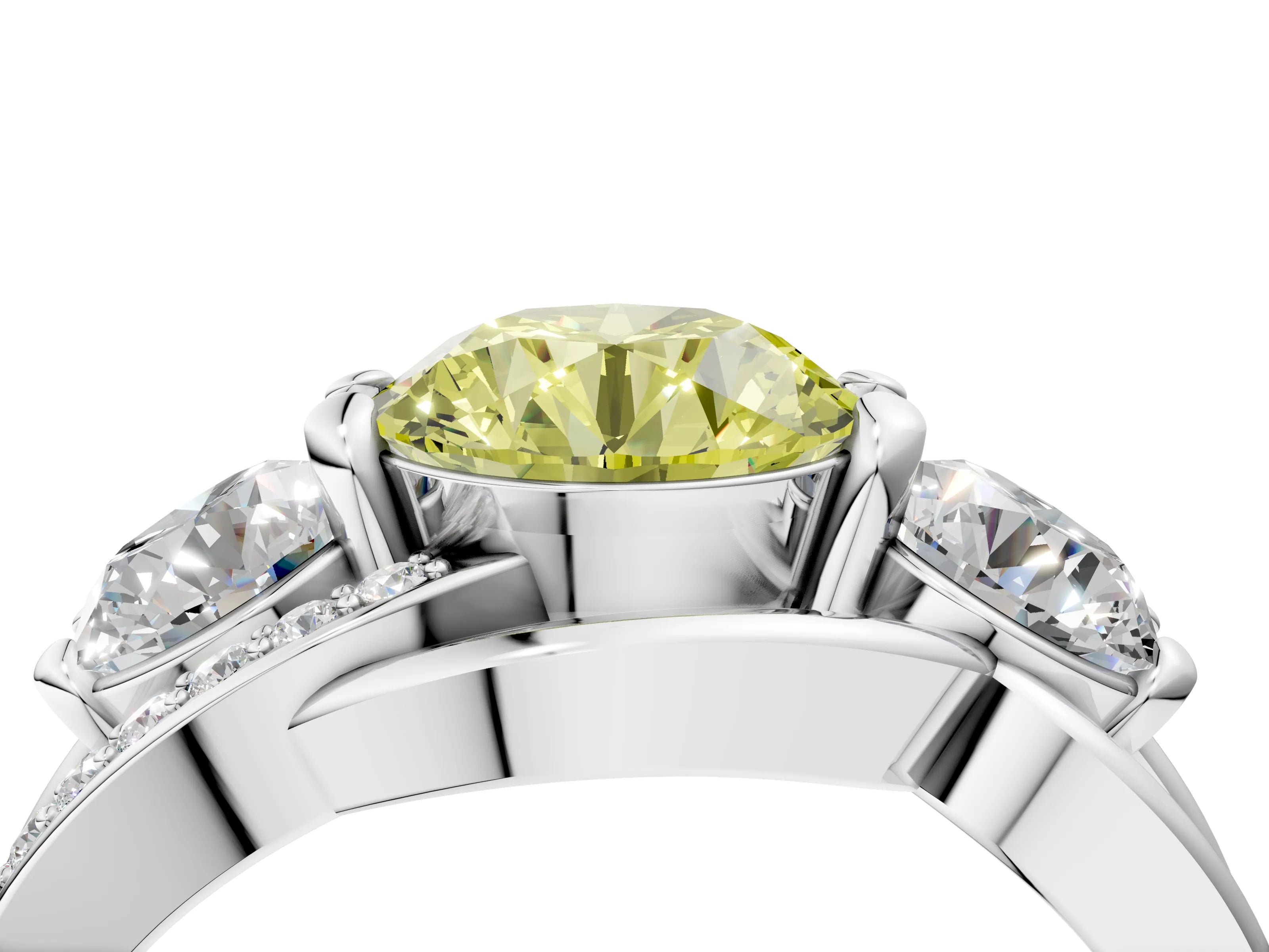 White gold Three-Stone Fancy Yellow Round Cut Cut Diamond Split Shank Prong Set Ring_16