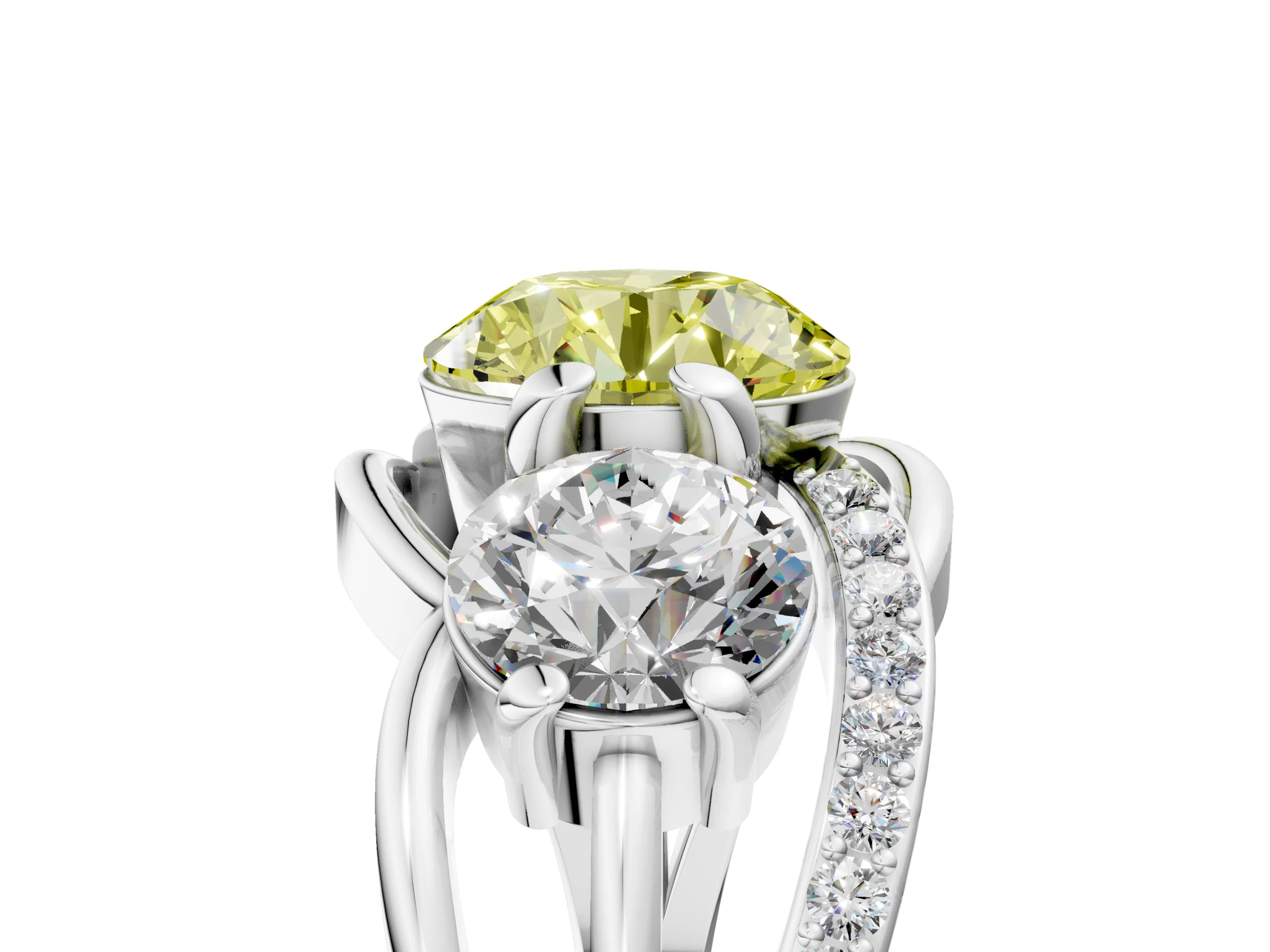 White gold Three-Stone Fancy Yellow Round Cut Cut Diamond Split Shank Prong Set Ring_17