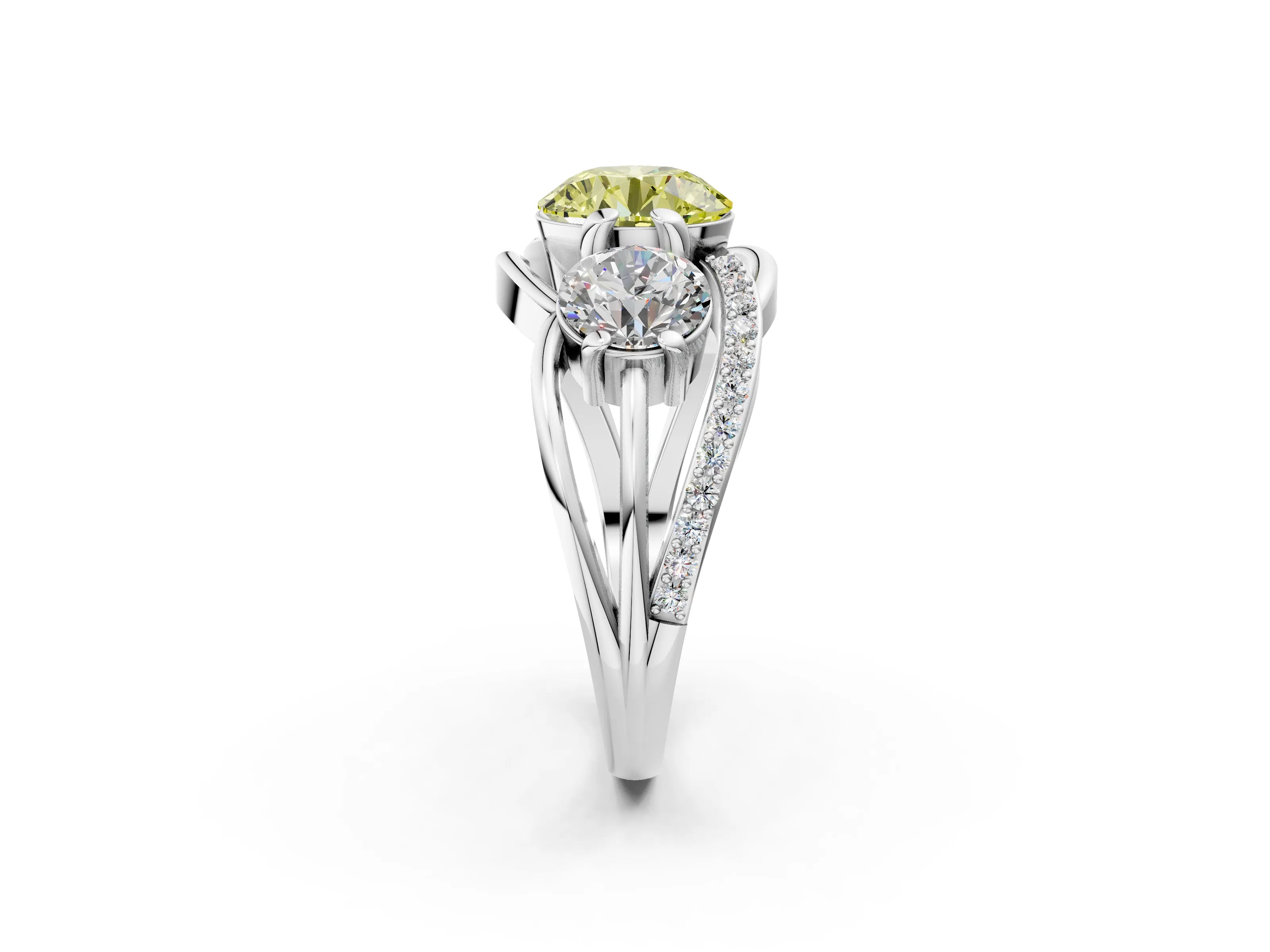 White gold Three-Stone Fancy Yellow Round Cut Cut Diamond Split Shank Prong Set Ring_2