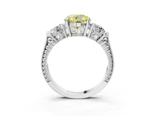 White Gold Round Vintage Three Stone Engagement Ring Setting for Fancy Yellow Center