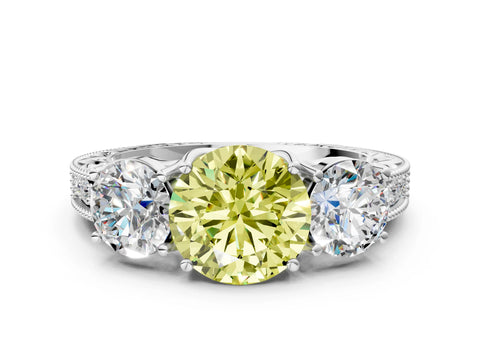 White gold Three-Stone Fancy Yellow Round Cut Cut Milgrain Pavé Engagement Ring_12