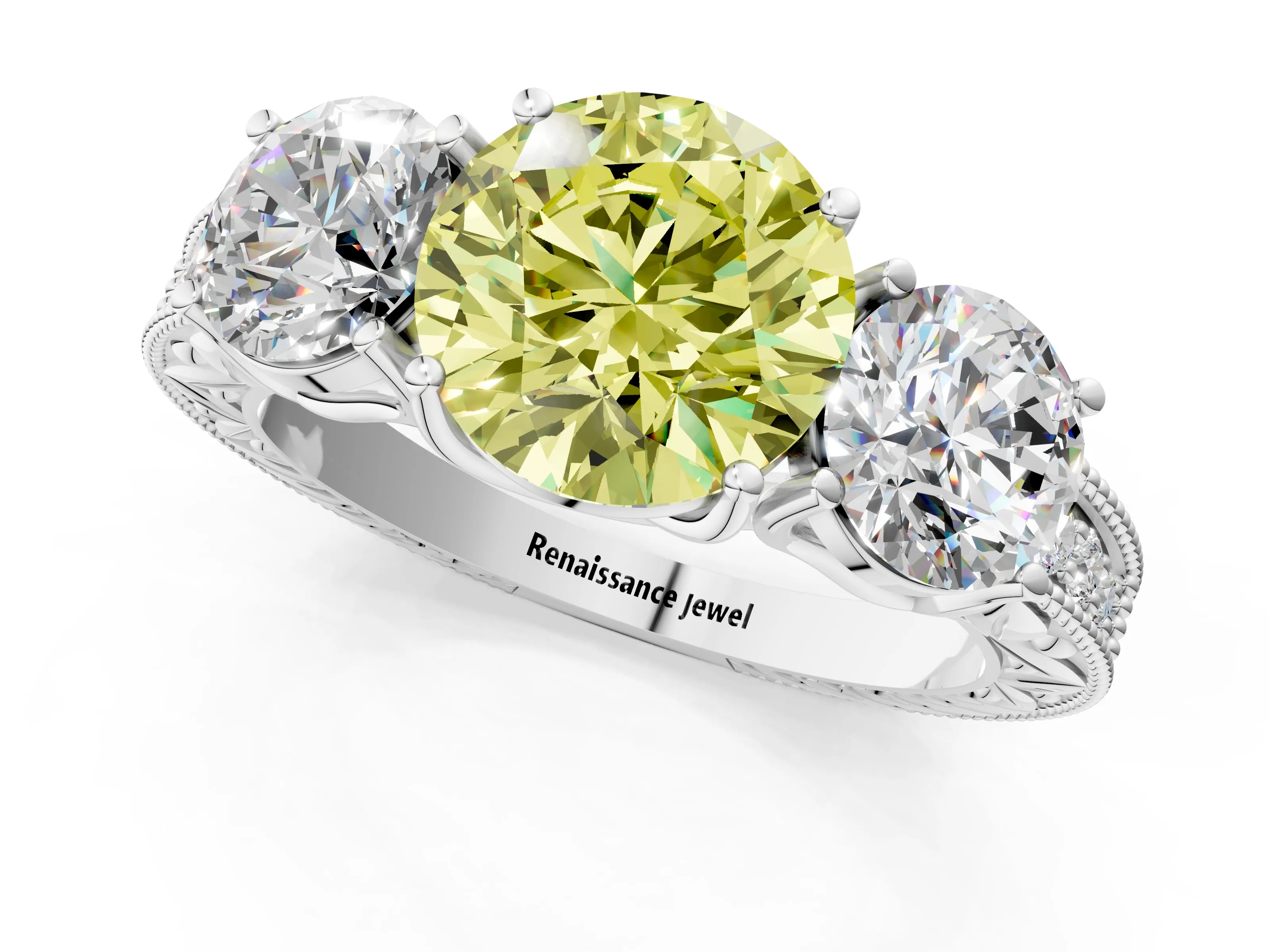 White gold Three-Stone Fancy Yellow Round Cut Cut Milgrain Pavé Engagement Ring_13